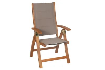 A single folding chair with a wooden frame and gray fabric seat and backrest, shown against a white background.