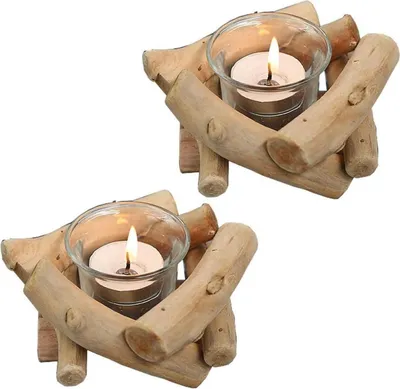 Zdjęcie produktu dla Rustykalny drewniany świecznik na tealight zestaw 2 ze szklanym kubkiem - dekoracja w stylu vintage do salonu, jadalni i na wesele