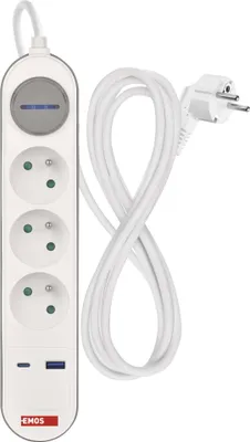 Prodlužovací kabel 2 m / 3 zásuvky / s vypínačem / bílo-šedý / 1×USB-A + 1×USB-C / 1,5 mm2