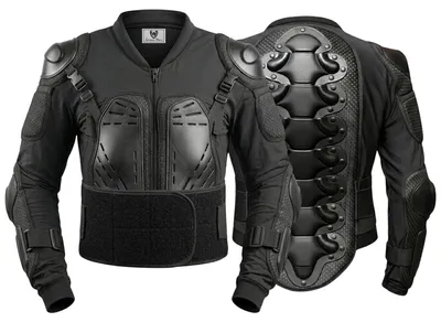 Vorder- und Rückansicht einer schwarzen Motorrad-Protektorenjacke mit sichtbarem German Wear Markenlabel im Kragen.