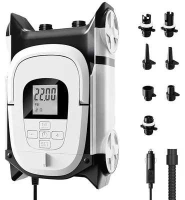 Produktbild von SUP Pumpe elektrisch 22PSI 12V – Doppelmotor, Auto-Stopp, LCD, 7 Düsen | Für Boot, Kajak & Luftmatratze