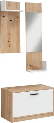 Produktbild von Geffrey | Eingangsset mit Shuecabinet, Wandpaneel und Spiegel in Eiche / Weiß