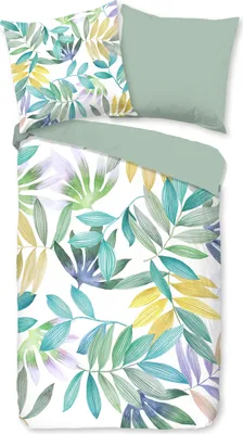 A duvet cover and pillowcase set with a palm leaf pattern.