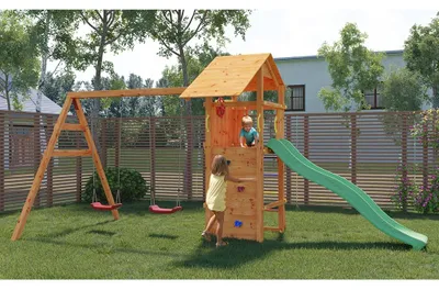 Produktbild von Spielturm Smart 5 teakfarben inkl. Rutsche grün