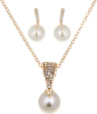 Produktbild von 1 Set Damen Halskette Ohrring Set Kunstperle Strass Dekor Braut Hochzeit Schmuck Exquisite Edelstahl Dame Hals Ohr Dekoration Schmuck Frauen Geschenk