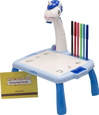 A children's drawing projector with a unicorn design, placed on a white background.