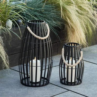 2er-Set Metall-Laternen schwarz, 29 & 45 cm, mit LED-Kerzen