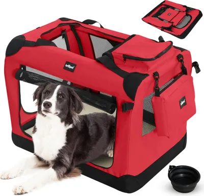 Produktbild von Leopet® Hundebox - Faltbar, S/M/L/XL/XXL/XXXL, Stoff, mit Napf - Transportbox, Transporttasche, Tragetasche, Hunde, Katzen, Haustier, XL, Rot