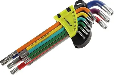 Produktbild von Lochschlüssel 230 mm für TORX-Schrauben, T10 - T50, 9 Stück, farbig