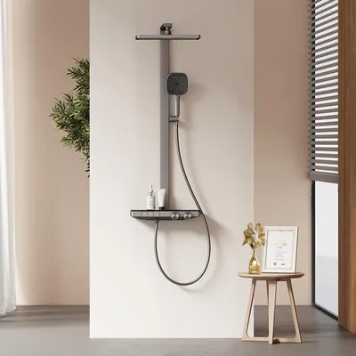 Produktbild von EMKE Duschsystem mit Thermostat prämiertes Design Duschsäule Matt Anthrazit 360×240mm eckiger Regendusche, Wassermengenregler, Badewannenauslauf F29