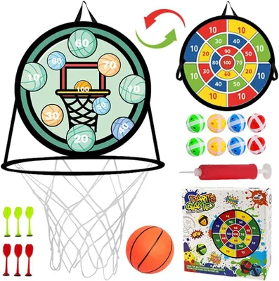 Produktbild von Kinder Basketballkorb mit Dartspiel, 2-in-1, inkl. Mini Basketball und Klettbällen, für drinnen und draußen