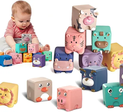 Produktbild von Stapelklötze 12 Stück, 5.5 x 6 x 5 cm, weiches Beissspielzeug, für Babys