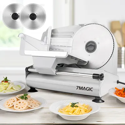 Produktbild von CMYbabee 200Watt Elektrischer Allesschneider Edelstahl, Verstellbare Küchenmaschine 0 bis 15mm - 2 Klingen - Wurstschneidemaschine - Brotschneidemaschine, Schinkenschneider, Fleisch & Käse, Silber