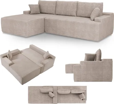 Produktbild von Juskys Sofa Coredo - Taupe, moderne Couch aus Cord mit Kissen, Ottomane links