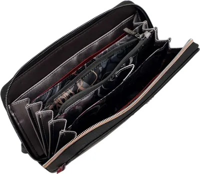 An open black wallet with multiple compartments and a floral patterned lining.