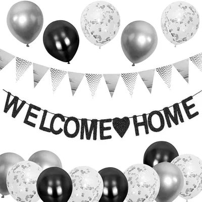 Productafbeelding van Welkomstdecoratieset met banner en ballonnen, zwart/zilver