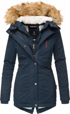 Produktbild von Marikoo Akira Damen Winter Parka Mantel mit Kapuze Kunstfellkragen Teddyfell Jacke Navy Gr. 34 - XS