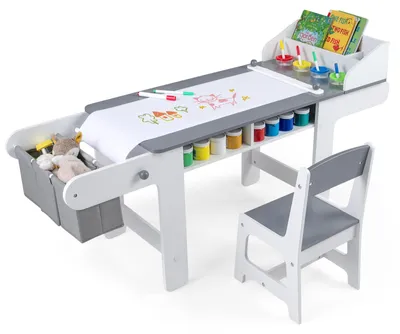 Produktbild von Kindertisch mit Stuhl, 2-teilige Kindersitzgruppe, Aktivitätsschreibtisch mit Papierrolle, Zeichentisch für Kinder ab 3 Jahren