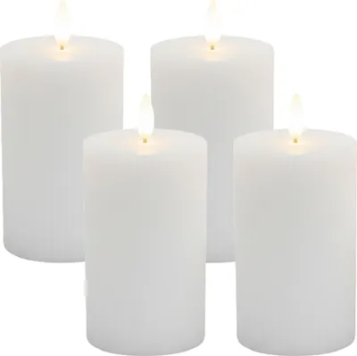 Produktbild von Relaxdays LED Kerzen, 4er Set, HxD: 13 x 7,5 cm, flackernde Flamme, Echtwachs, Rillen, flammenlose Blockkerzen, weiß