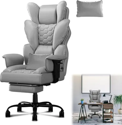 A gray ergonomic office chair with a footrest is shown against a white background. A smaller image in the bottom right shows the chair in a home office setting.