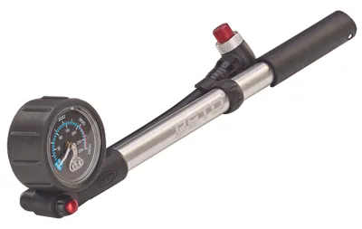 Produktbild von Prophete Dämpferpumpe für Dämpfer & Federgabel, bis 20 bar Pumpdruck, Drehschlauch, Entlüftungsknopf, T-Griff mit Manometer, Aluminium