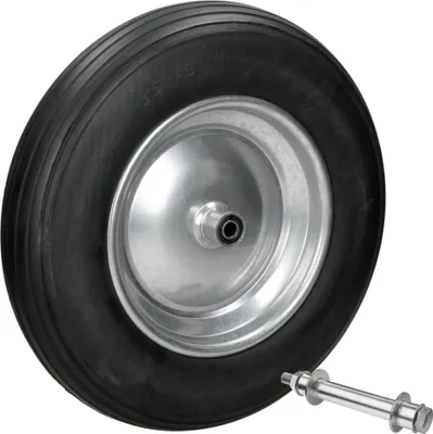 Produktbild von ECD Germany Schubkarrenrad aus pannensicherem PolyurethanVollgummi, Ersatzrad Gummirad mit Achse, 3.50-8 / Ø350x80 mm, Schwarz, 150kg Tragkraft, Reifen mit Stahlfelge