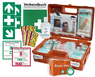 Produktbild von Erste-Hilfe-Koffer KITA M1 -Paket 1- nach aktueller DIN/EN 13157 für Betriebe + DIN/EN 13164 für KFZ inkl. 1. Hilfe Aufkleber & Hygiene-Gel