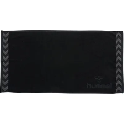 A black towel with grey chevron patterns on the sides and a grey logo and brand name on the bottom right.