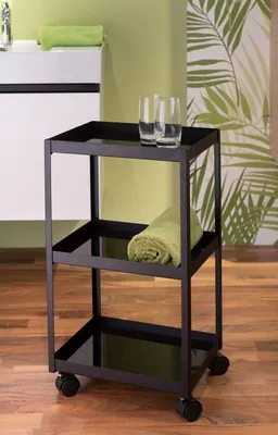 Produktbild von Rollregal Rollwagen Badregal mit Rollen Servierwagen Edelstahl schwarz mit Glasböden schwarz