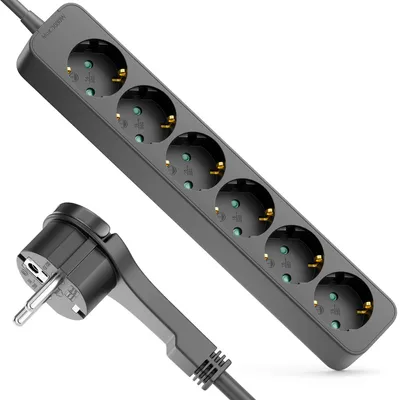 Immagine prodotto di deleyCON Ciabatta multipresa a 6 prese con spina piatta, lunghezza 1,4 metri, 3680W, 16A - Nera – Dimensioni: 1,4 metri