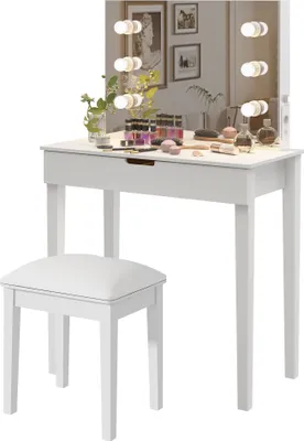 Immagine prodotto di Toeletta con specchio, sgabello da toeletta, set per toeletta con 6 lampadine, bianco,