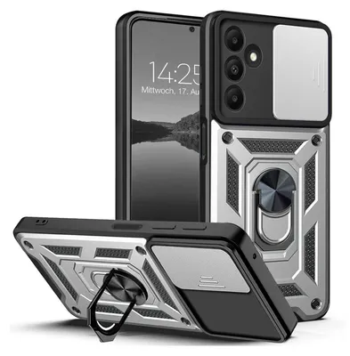 A phone case with a camera cover and a ring stand, shown from multiple angles.