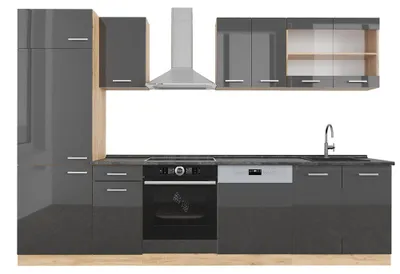 Produktbild von Küchenzeile Vicco R-Line Anthrazit Hochglanz/Goldkraft Eiche 300 cm , AP Anthrazit, Model 42966