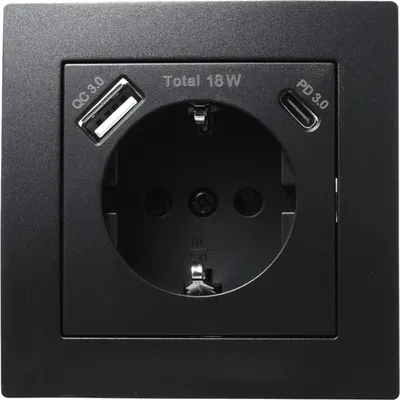 Produktbild von Schutzkontakt-Steckdose McPower ''Flair'' 1x USB-C 18W PD, 1x USB-A, matt schwarz