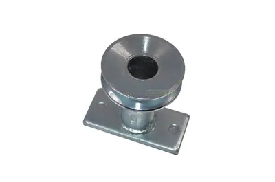 A metal pulley with a mounting plate, isolated on a white background.