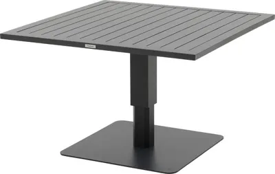 A square outdoor table with a slatted top and a central pedestal base.