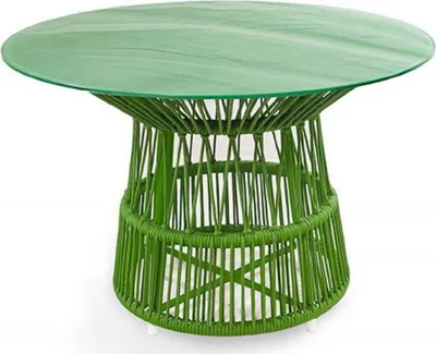Produktbild von Casa Padrino Luxus Gartentisch Grün Ø 110 x H. 75 cm - Handgewebter wetterbeständiger Esstisch mit Glasplatte - Garten & Terrassen Möbel