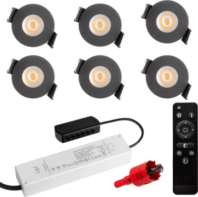Produktbild von S-Polylight PREMIUM Mini LED- Einbauspots Warmweiss 3.000K, DIMMBAR, IP65, FUNK 3W LED Einbaustrahler Terrassenüberdachung, Terrassenbeleuchtung, Bad, Sauna, LED Spots mit Fernbedienung (ANTHRAZIT, 6x LED-SET)