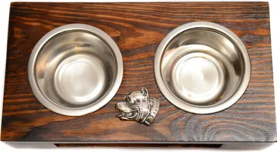 Produktbild von Pit Bull, American Pit Bull Terrier, Pitbull, APBT - Holzständer mit Näpfen für Hunde, Edelstahlnäpfe, Geschenk zur Adoption eines Hundes von der Marke Art-Dog