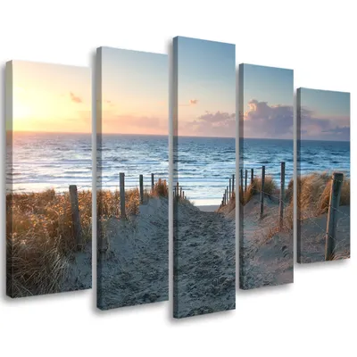 Produktbild von 5-teiliges leinwandbild meer sonnenuntergang strand 100x70 cm Feeby beige wandbild bereit zum aufhängen