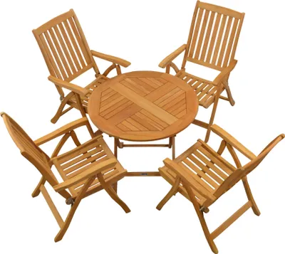 Produktbild von Garten-Essgruppen Exklusive Teak Sitzgruppe aus 4 Hochlehnern und 1 Klapptisch 90 cm edles Set aus Teak-Gartenmöbeln mit Klappfunktion