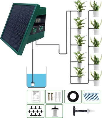Obrázek produktu pro Solární kapací zavlažovací systém pro zahradu, digitální displej, automatický zavlažovací systém pro 10 rostlin v květináčích s 30 x 7 časovými režimy, sada proti sifonové kapkové závlahy pro kutily se solárním panelem, 10 m dlouhá trubka pro vnitřní a venkovní květiny a zeleninu