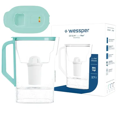Productafbeelding van Wessper D3 SLIM waterfilterkan, 2,7 liter, mintgroen, met filterwisselindicator en Aquaclassic filterpatroon
