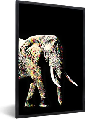 Produktbild von MuchoWow® MuchoWow® Gerahmtes Poster Elefant - Schwarz - Farben 60x90 cm - Poster mit zchwarzem Bilderrahmen - Kunst