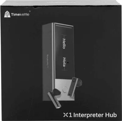 The image shows the product packaging for a TimeKettle X1 Interpreter Hub.