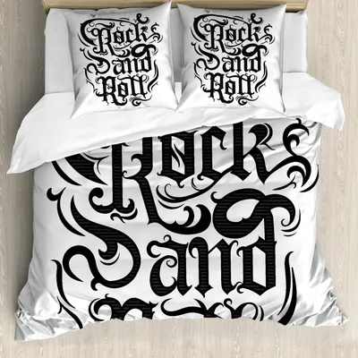 Produktbild von ABAKUHAUS Rockmusik Bettbezug Set, Weinlese-Handbeschriftung Rock-and-Rollretro Konzept-Kunst-Zusammenfassung wirbelte Linien, 200 x 200 cm + 80 x 80 cm, Schwarz