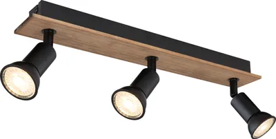Produktbild von Globo Lighting Strahler Holz dunkelbraun, Metall schwarz matt, LxBxH: 400x60x90mm, exkl. 3x GU10 35W 230V