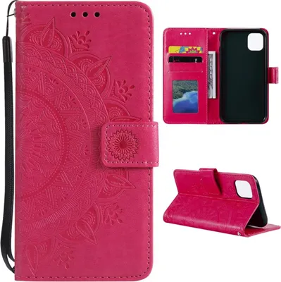 A collage of images showing a pink flip phone case with a mandala design, its interior card slots, and how it can be used as a stand.