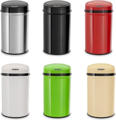 A collage of six different colored sensor trash cans.