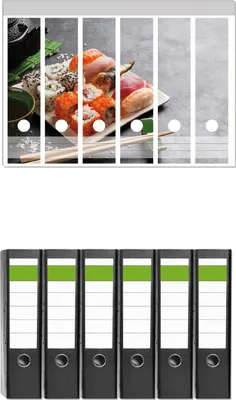 Produktbild von Wallario 6 Stück breite Ordner inkl. Klebeetiketten mit Motive Sushi-Menü mit grünem Tee -  Set mit Rückenschildern / Ordnerrücken Stickern